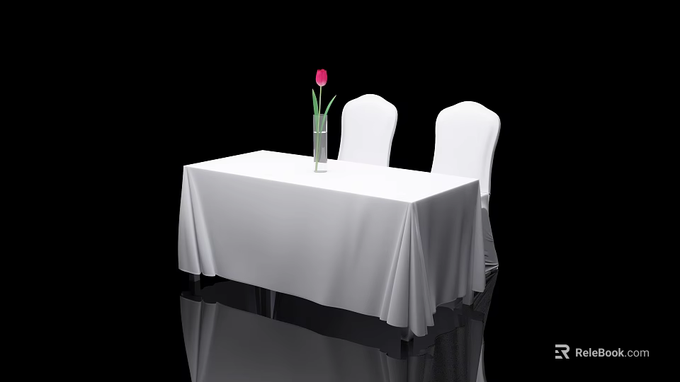 Table And Chairs Combination With White Tablecloth Two White Chairs And Pink Flower Vase 3d model 