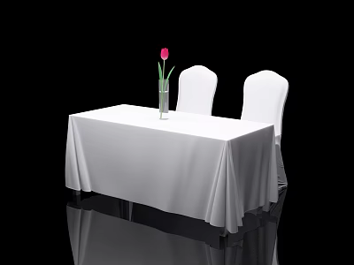 Table And Chairs Combination With White Tablecloth Two White Chairs And Pink Flower Vase 3d model