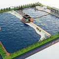 Twin Scenic Ponds With Central Pavilion Stone Pathways Lily Pads And Lush Greenery