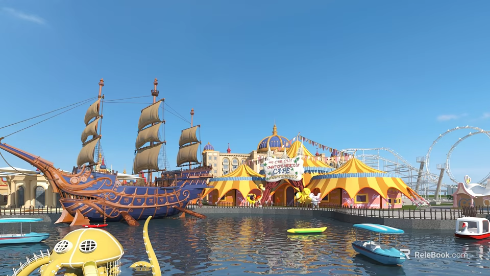 Amusement Park With Pirate Ship And Colorful Tents By Water 3d model 