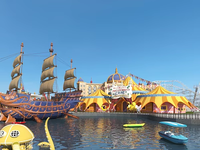 Amusement Park With Pirate Ship And Colorful Tents By Water 3d model