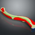 Curved Modern Reception Desk With Red White Green Accents Sleek Lines And Blue Base