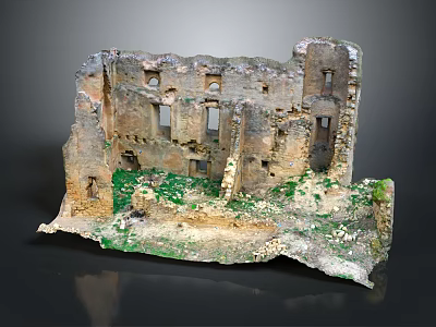 Cartoon Scene of Ruined Castle with Broken Walls Windows Green Plants and Moss 3d model