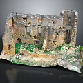 Cartoon Scene of Ruined Castle with Broken Walls Windows Green Plants and Moss