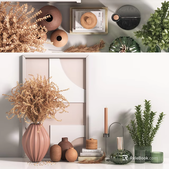 Natural Style Ornamental Decor Combination With Dried Flowers Vases Green Plants Candles And Frames 3d model 