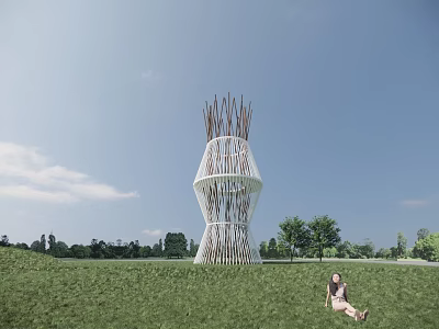 Modern Observation Tower With Unique Twisted Structure In Green Grass Field Under Clear Sky 3d model