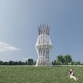 Modern Observation Tower With Unique Twisted Structure In Green Grass Field Under Clear Sky 3d model