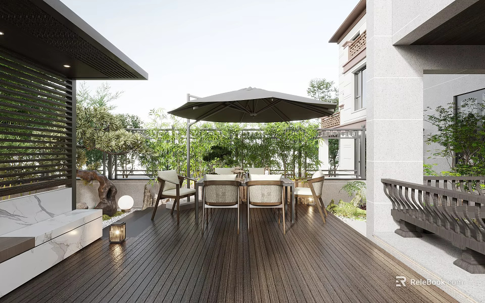 Modern Garden Landscape With Wooden Deck Outdoor Dining Table Chairs Green Plants And Umbrella 3d model 