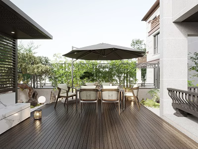 Modern Garden Landscape With Wooden Deck Outdoor Dining Table Chairs Green Plants And Umbrella 3d model