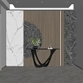 Modern Entryway Design with Marble Walls Circular Decor Green Plant and Black Console Table