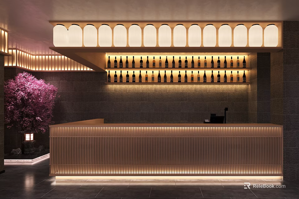 Modern Luxury Restaurant Reception Counter With Wine Rack Cherry Blossom Tree And Lighting Decor 3d model 