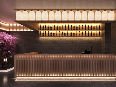 Modern Luxury Restaurant Reception Counter With Wine Rack Cherry Blossom Tree And Lighting Decor 3d model