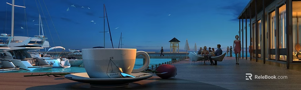 Scenic Dusk Seaside View With Wooden Pier Gazebo Sailboats Cup And Rose 3d model 