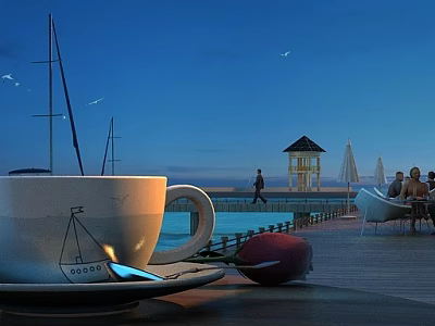 Scenic Dusk Seaside View With Wooden Pier Gazebo Sailboats Cup And Rose 3d model