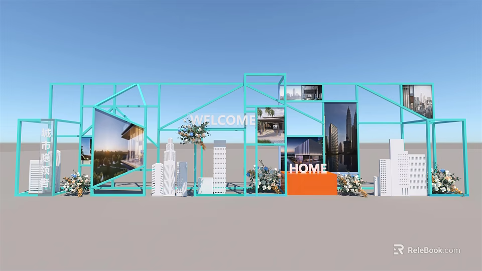 Turquoise Frame Welcome Home Display With Building Models And Flower Arrangements 3d model
