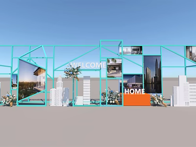 Turquoise Frame Welcome Home Display With Building Models And Flower Arrangements 3d model