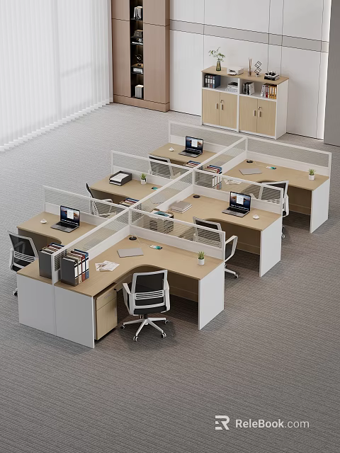 Modern Office Cubicle Desks With Laptops Files Plants And Ergonomic Chairs 3d model 