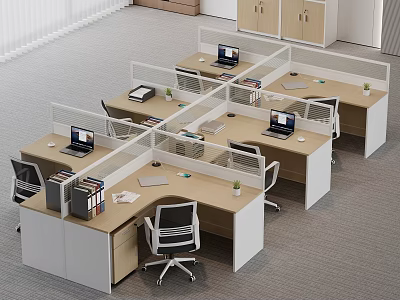 Modern Office Cubicle Desks With Laptops Files Plants And Ergonomic Chairs 3d model