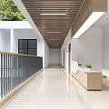 Modern Corridor Interior With Wooden Ceiling Slats Metal Railing And Reception Desk