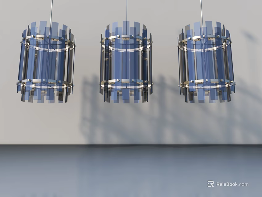 Modern Blue And Silver Hanging Chandeliers Against Gray Wall Background 3d model