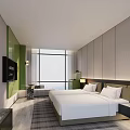 Modern Hotel Room Interior With White Bed Green Cabinet TV Nightstand Lamp And Plaid Carpet