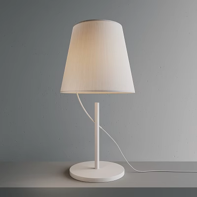 White Table Lamp With Fabric Shade Slim Pole And Round Base On Gray Wall Background 3d model