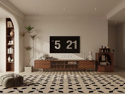Modern Living Room With Wooden TV Stand Wall Mounted TV Plant Bookshelf And Patterned Rug 3d model