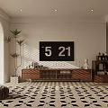 Modern Living Room With Wooden TV Stand Wall Mounted TV Plant Bookshelf And Patterned Rug