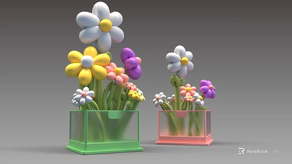 Colorful Flower Arrangement in Transparent Green Pink Boxes Photo Check-in Spot 3d model 