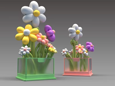 Colorful Flower Arrangement in Transparent Green Pink Boxes Photo Check-in Spot 3d model