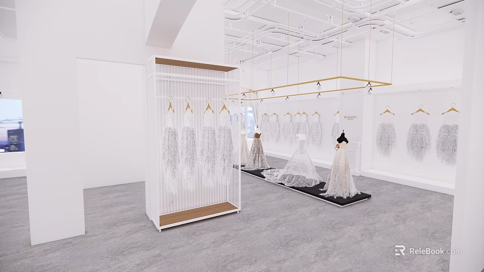 Modern Open Bridal Shop With White Wedding Dresses On Hangers And Display Area 3d model 