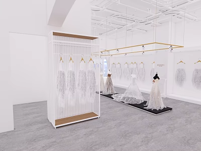 Modern Open Bridal Shop With White Wedding Dresses On Hangers And Display Area 3d model