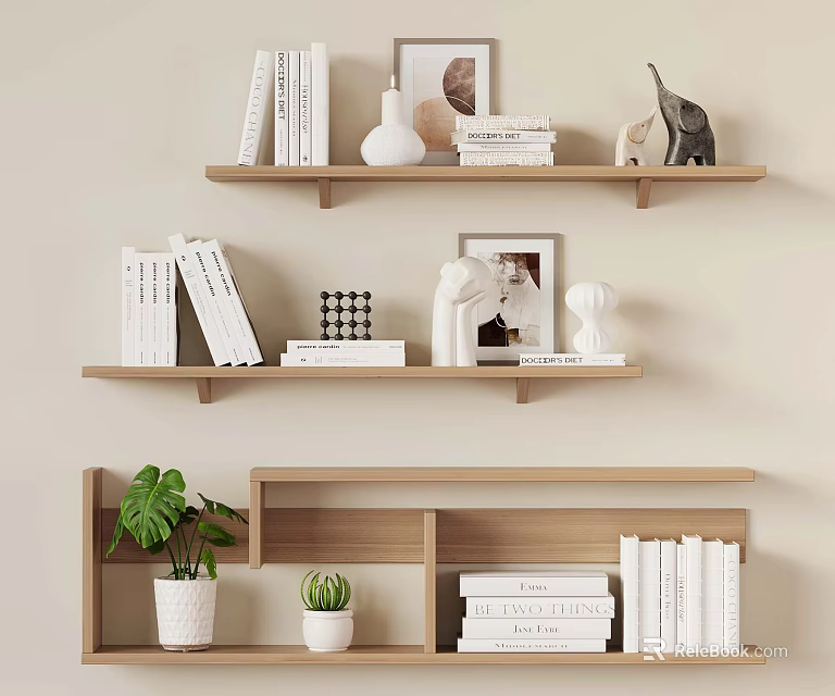Stylish Wooden Shelves With Books Photo Frames Sculptures Vases And Potted Plants 3d model 