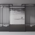 Three Panel Modern Screen With Black Frame And Landscape Painting 3d model