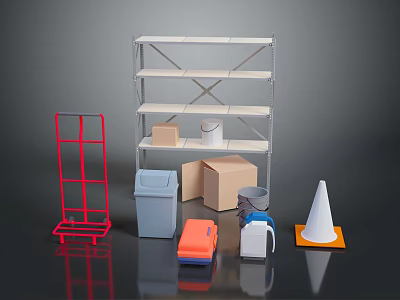 Metal Storage Shelf With Red Cart Trash Bin Cardboard Boxes And Traffic Cone 3d model