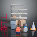 Metal Storage Shelf With Red Cart Trash Bin Cardboard Boxes And Traffic Cone