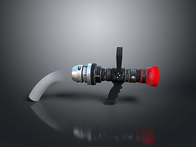 Silver Metal Fire Hose Nozzle With Black Handle Red Knob And White Spout 3d model