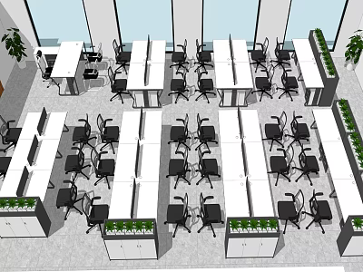 Modern Office Desks Layout With Black Chairs And Green Plants In Workspace 3d model