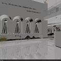 Elegant Modern Bridal Shop Interior With White Reception Counter Chandeliers Wedding Dress Mannequin And Staircase