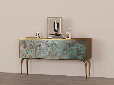 Modern Luxury Console Table with Blue Gold Fan Design Framed Art and Decorative Ornaments 3d model
