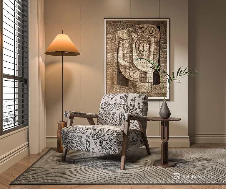 Upholstered Patterned Accent Chair with Side Table Vase Plant Floor Lamp Abstract Painting Near Window 3d model 