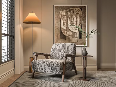 Upholstered Patterned Accent Chair with Side Table Vase Plant Floor Lamp Abstract Painting Near Window 3d model