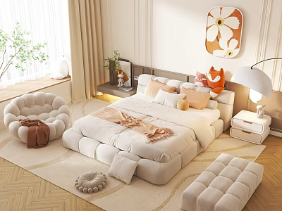 Beige Puffy Double Bed With Soft Pillows Cozy Rug Floor Lamp And Wall Art 3d model