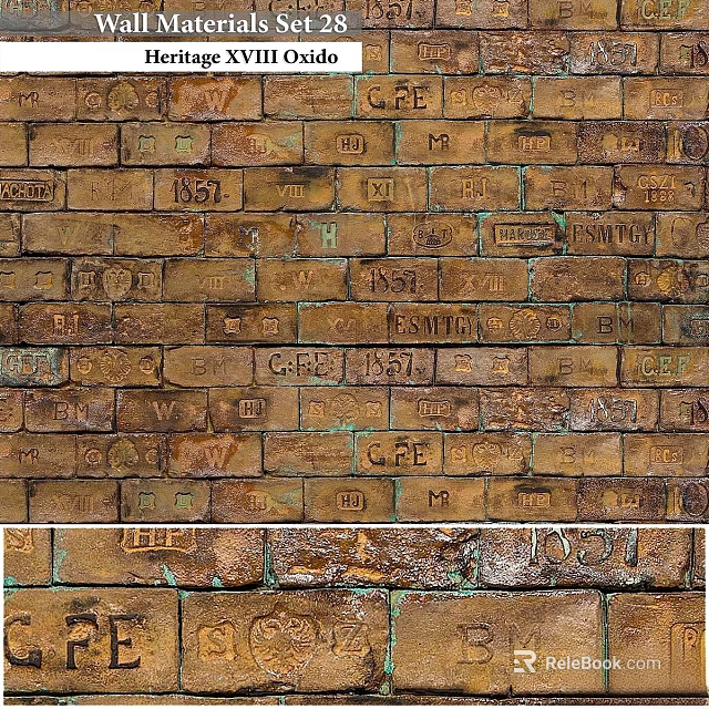 Detailed Brick Components With Engraved Letters Numbers On Aged Vintage Wall Surface 3d model 
