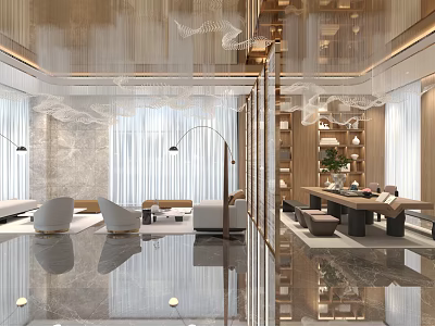 Elegant Modern Hotel Lobby With Marble Floor Chandelier Sofa Seating Wooden Bookshelves And Green Plants 3d model