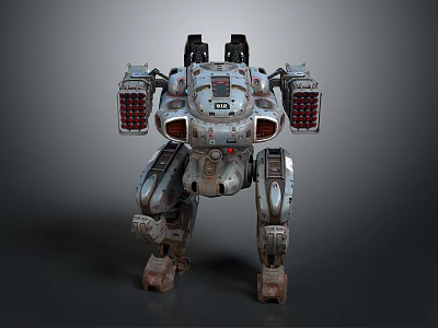 Mechanical Robot Character Design With Armored Exoskeleton Four Legged Frame Red Lights And Worn Armor 3d model