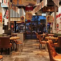Traditional Hotpot Restaurant with Red Lanterns Chinese Signs Wooden Tables and Leather Seats