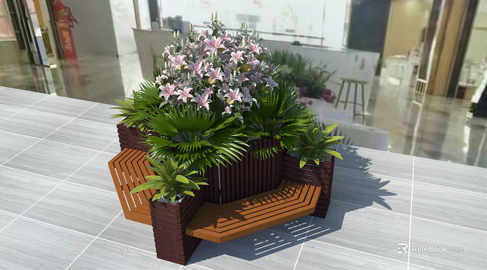 Wooden Outdoor Chair with Planter Box Green Plants and Pink Flowers in Garden Setting 3d model 