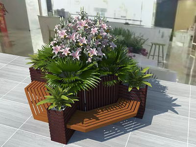 Wooden Outdoor Chair with Planter Box Green Plants and Pink Flowers in Garden Setting 3d model