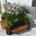 Wooden Outdoor Chair with Planter Box Green Plants and Pink Flowers in Garden Setting